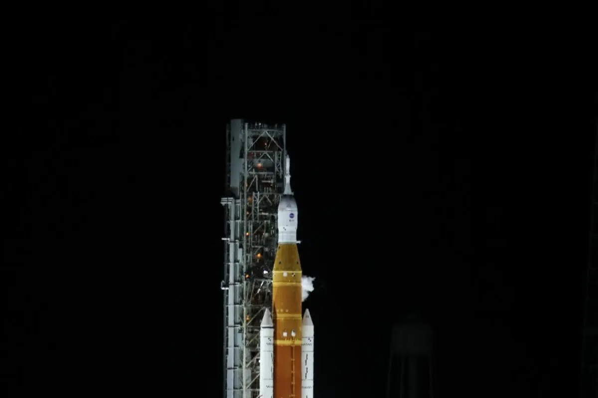 NASA's Space Launch System and Orion spacecraft on the pad at night before the Artemis I launch