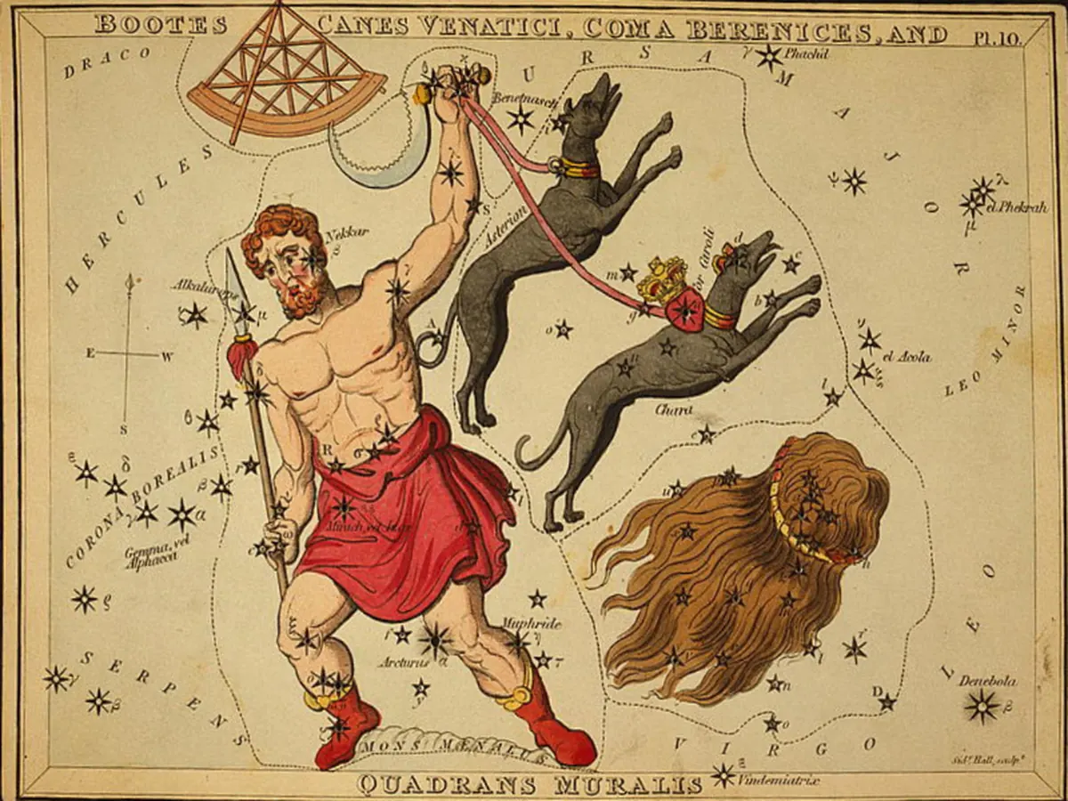 A colored old star chart etching of Bootes the Ploughman with two dogs, a lion and a quadrant