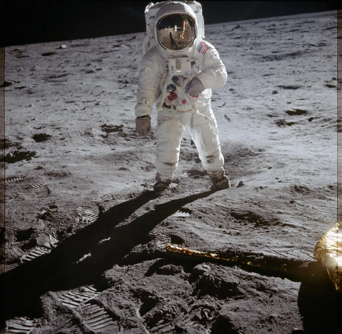 Astronaut Buzz Aldrin walking on the Moon beside the leg of the Eagle lunar module