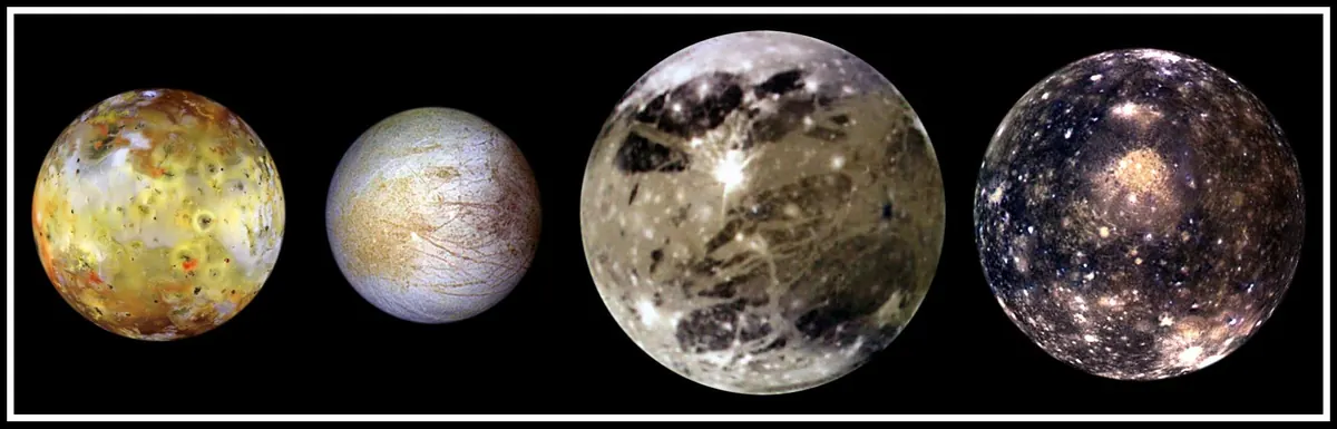 Four moons of Jupiter side by side: yellow Io, pale Europa, brown Ganymede and dark Callisto
