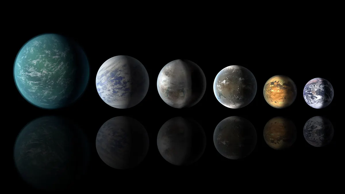 Five planets lined up in a row, each shown as a rocky or ocean world of a different size, with Earth at the end