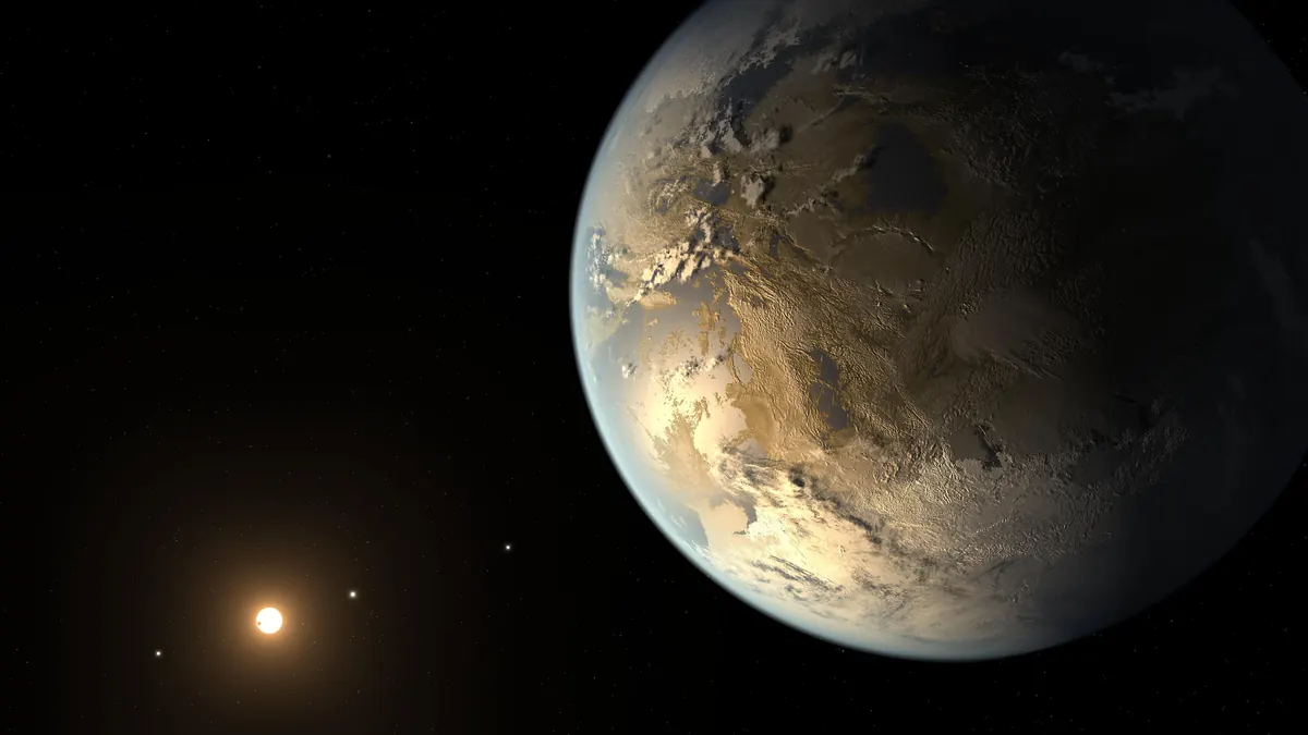 A pale, cloudy Earth-sized planet in the foreground with a small orange star in the distance