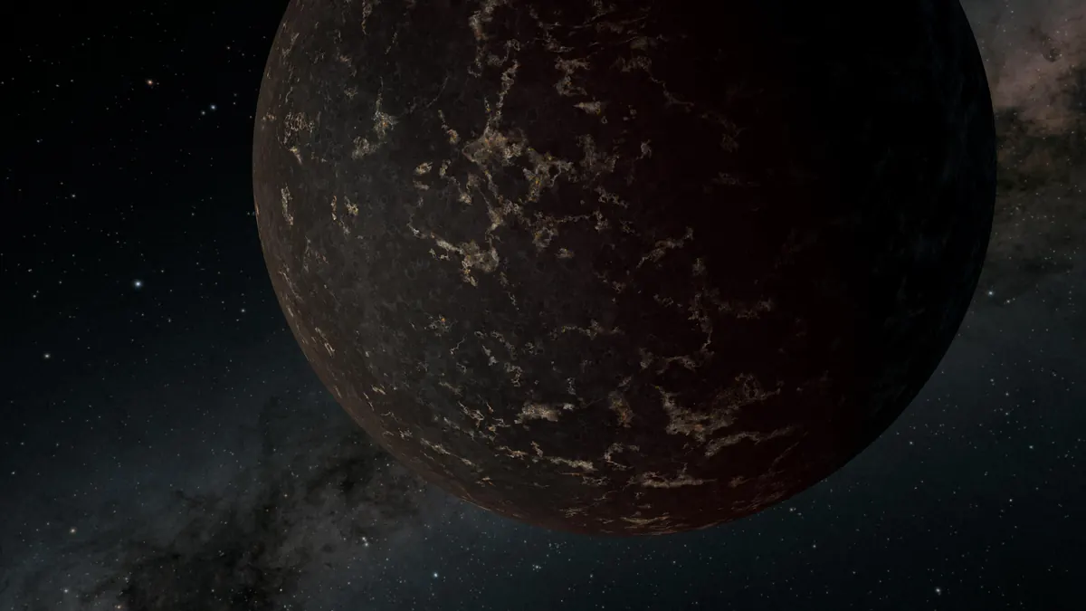 A dark, rocky planet with a lava-rock surface beside a small red star