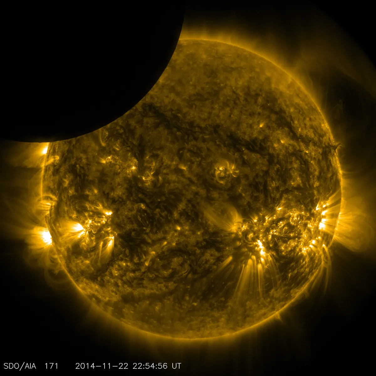 The golden disc of the Sun in ultraviolet light with the dark edge of the Moon crossing in front of it