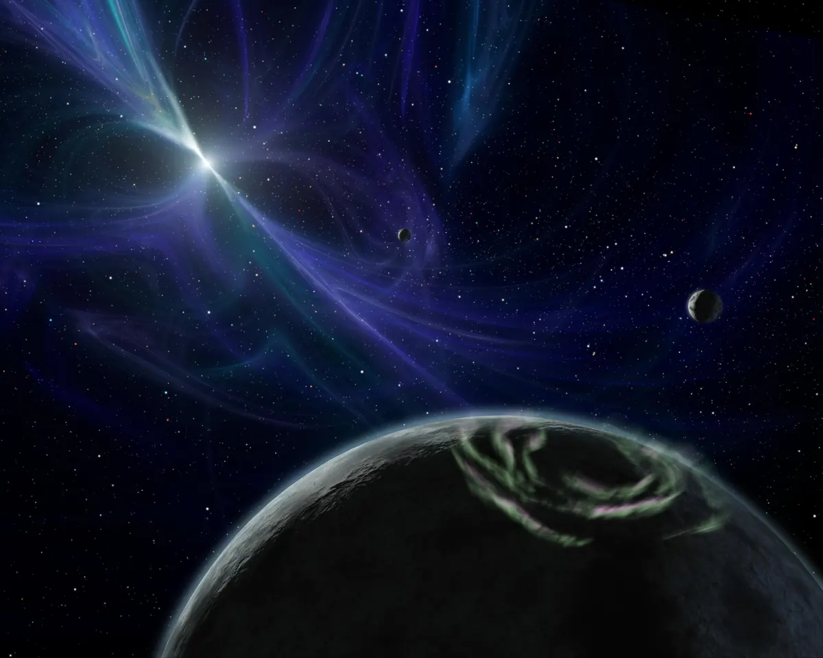 A bright pulsar with beams of light and a rocky planet in the foreground and smaller worlds in the distance