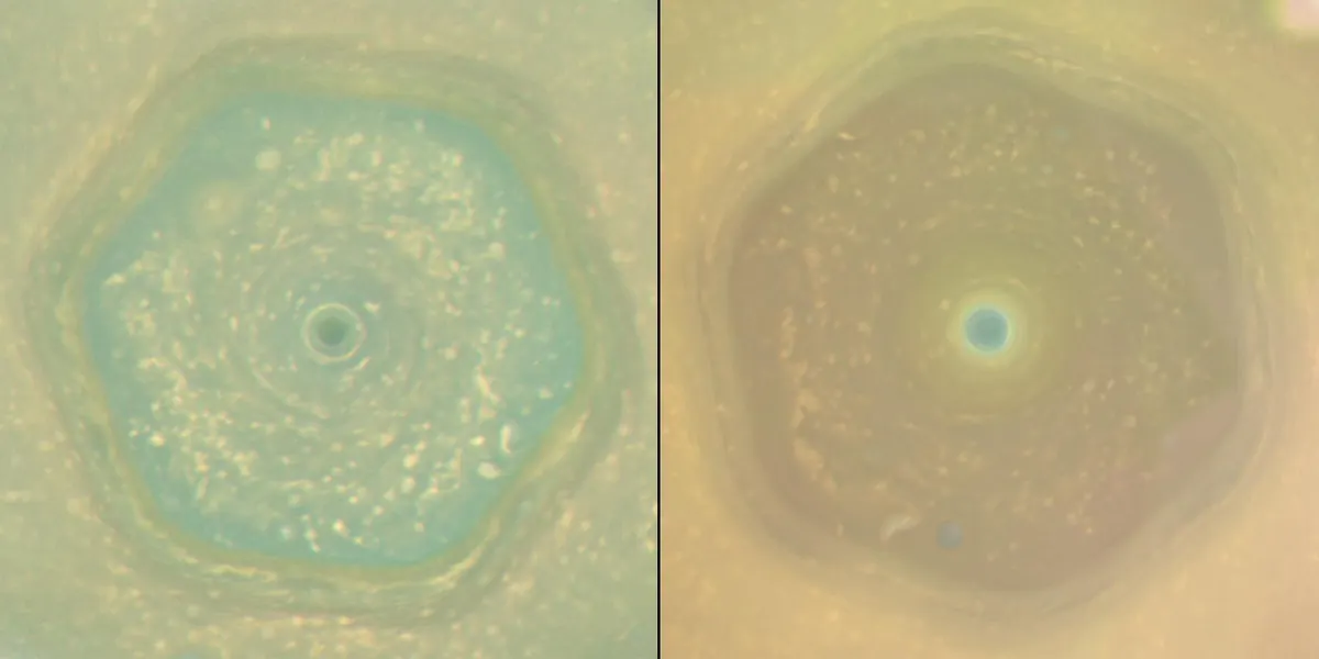 Two views of Saturn's six-sided polar storm, in blue-green in 2013 and gold in 2017