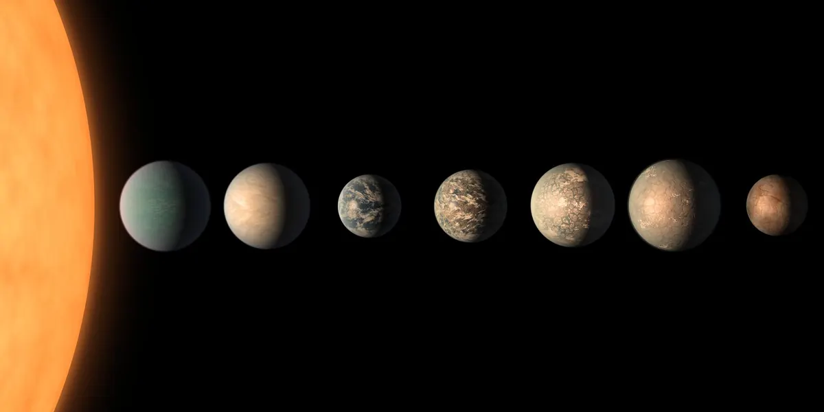 Seven rocky planets in a row of different shades, with a large red star at the left edge