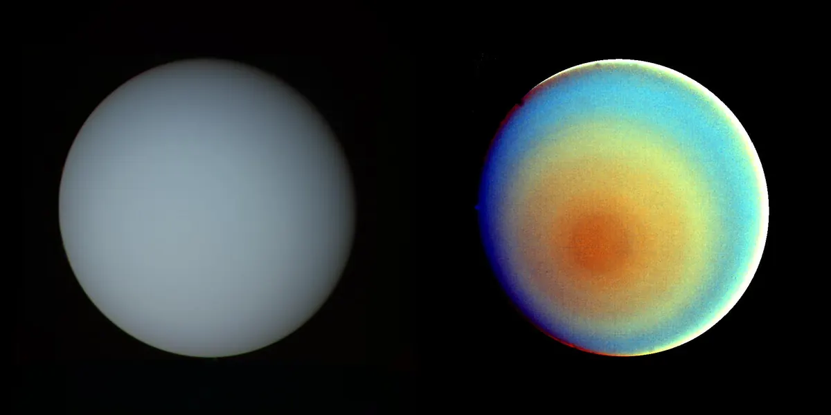 Two views of Uranus, a pale blue-gray disk in true color and a rainbow-colored disk in false color
