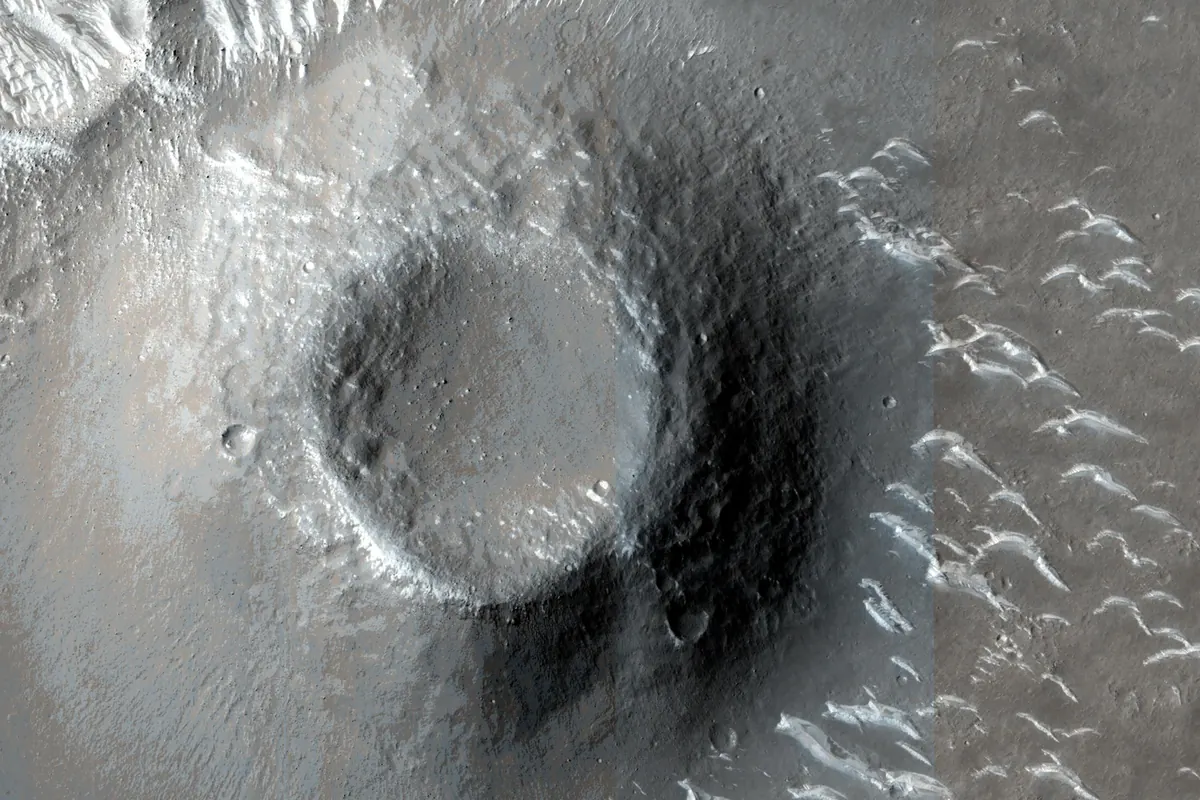 Craters and pale ridged plains in Utopia Planitia on Mars seen from orbit