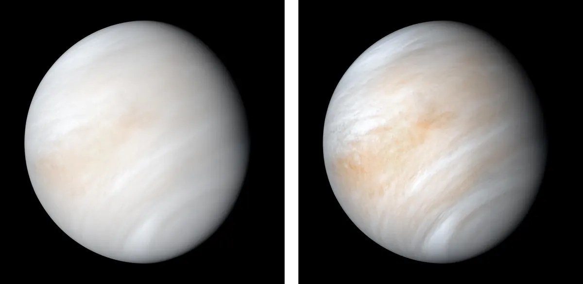 Venus as a pale, cloud-covered disk, shown twice
